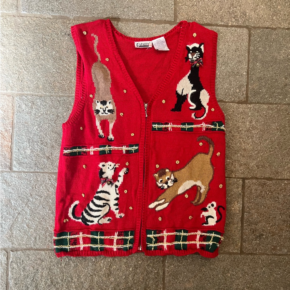 Vintage 90’s Christmas Kitty Cat Ugly Sweater Vest - size M